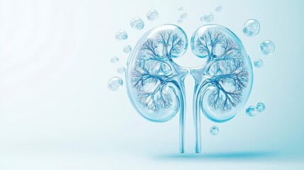Transparent human kidney structure surrounded by bubbles, symbolizing health and vitality in a clean, blue environment.