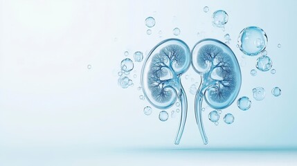 3D illustration of kidneys surrounded by water bubbles, symbolizing health and vitality in a clean, modern design.