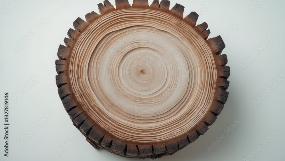 Poster Front view of pine tree cross-section featuring annual rings, isolated against a white background.