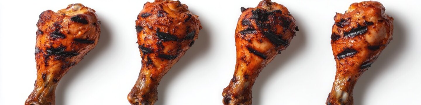 Grilled chicken drumsticks with savory glaze on a white background.