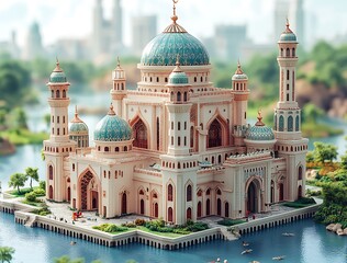 Obraz premium Miniature Palace with Turquoise Domes and Intricate Architecture in a Serene Landscape