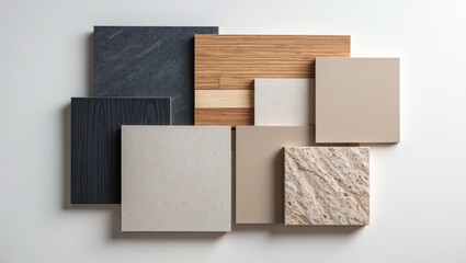 Obraz premium Interior material board featuring laminated, engineered flooring, veneer, artificial stone, and quartz stone samples set against a white background with a clipping path.
