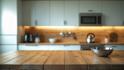 Empty wooden countertop or table corner with blurred background of modern white kitchen.