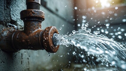 Old rusty pipe with a leak and water spraying out under pressure.