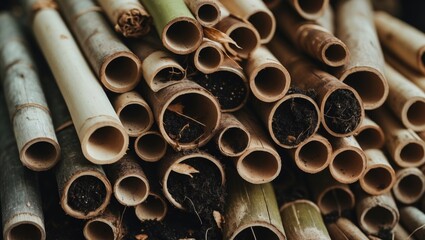 The image depicts cut bamboo stems, closely packed together. Within the bamboo stems is soil, suggesting their purpose as pots for cultivating small plants or seedlings.