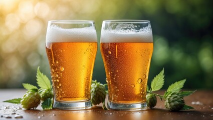 Glasses of chilled beer, closeup view. Beer tasting idea.