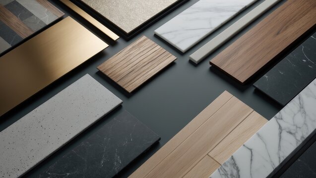 Group of interior material samples featuring brushed gold stainless, laminated bronze, stone tile, wooden flooring tile, white marble quartz, and veneer arranged on a black stone table from a top v...