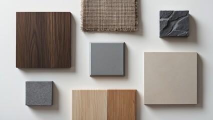 interior mood and tone of a material board featuring samples of wood, fabric, artificial stone, and tile isolated on a white background with a clipping path.