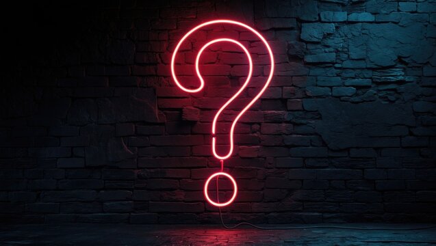 Neon light shaped like a question mark on a brick wall.