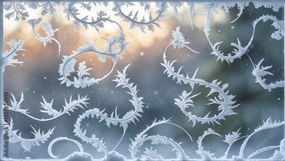Poster Frost designs on glass. Festive bokeh backdrop.