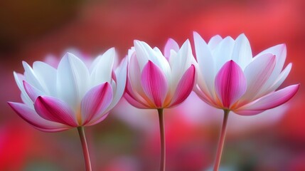 Fototapeta premium Vibrant lotus flower in a serene pond, surrounded by soft bokeh of colorful flora