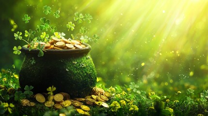 St. Patricks Day pot of treasure, golden coins spilling over, vivid shamrocks around, illuminated by a radiant green gradient background