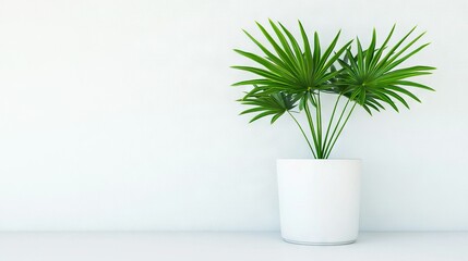   A potted plant in a white vase on a white table against a white wall