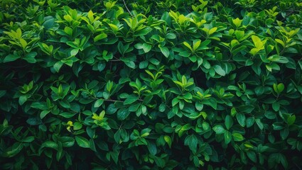 Obraz premium Lush green shrub hedge, vibrant green leaves for textured background. Close-up of vegetation, horizontal image.