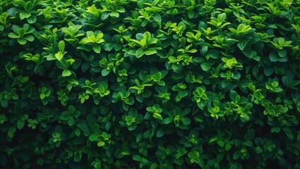 Lush hedge of green shrubs with fresh leaves for a textured background. Close-up of vibrant vegetation in a horizontal format.