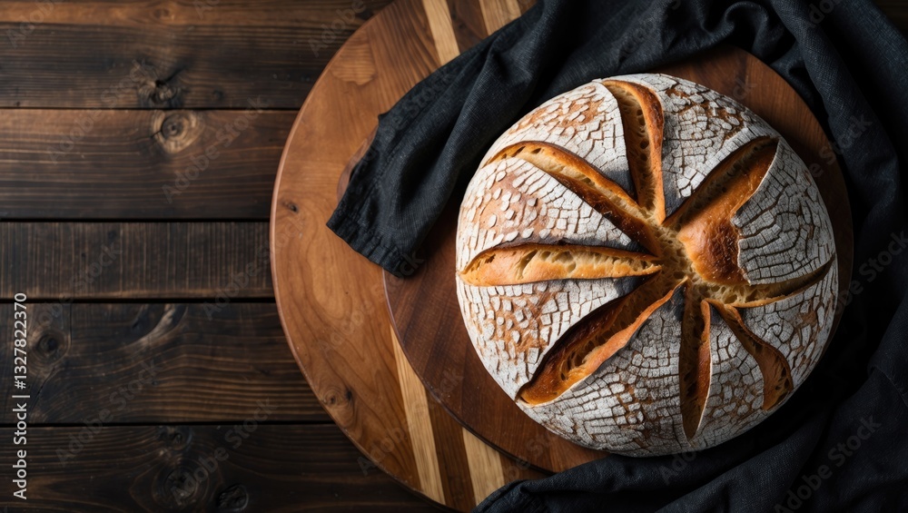 Poster homemade baked bread on a wooden surface. top view flat lay with space for text.
