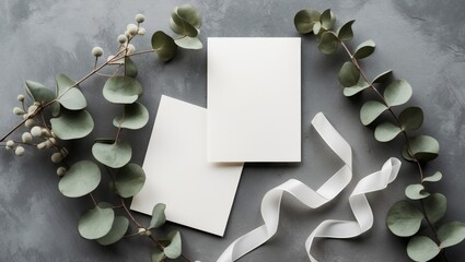 Two wedding stationery invitation cards mockup arranged on a neutral background with eucalyptus leaves, featuring a minimal blank card mockup, thank you card, and greeting card.