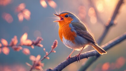 European robin (Erithacus rubecula) male perched on a branch singing