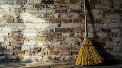 A broom rests against an old brick wall in the shadows