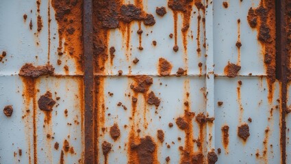 Rusted white painted metal wall. Background of rusty metal featuring streaks of rust. Rust stains visible. The metal surface shows rusted spots. Metal rust texture background.