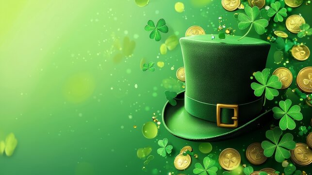 Festive St. Patrick's Day design featuring a leprechaun hat surrounded by golden coins and bright green shamrocks, gradient green backdrop