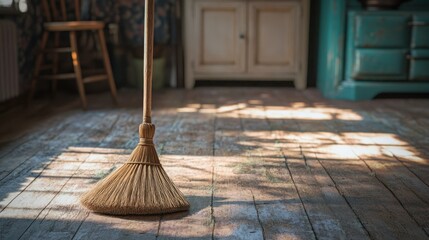 A broom resting on a weathered wooden floor under sunlight