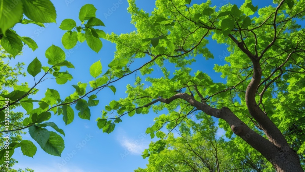 Aufkleber green tree leaves against a white background in a garden with a clear sky. fresh air along with natu