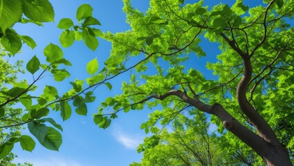 Fototapeta premium Green tree leaves against a white background in a garden with a clear sky. Fresh air along with nature and ozone, springtime.