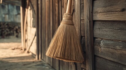 A brown straw broom leaning against a wooden structure outside