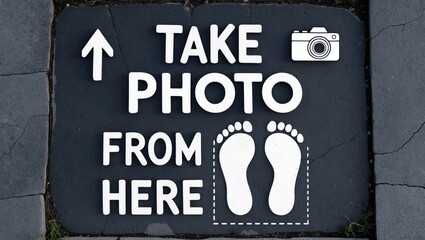 Obraz premium Instructions written in chalk on asphalt for photographers to position themselves on the outlines of two feet to capture the best photo of a 3D artwork (out of view), focusing on themes of percepti...