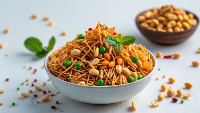 Farsan mix chiwda consisting of chana dal, green peas, and grains
