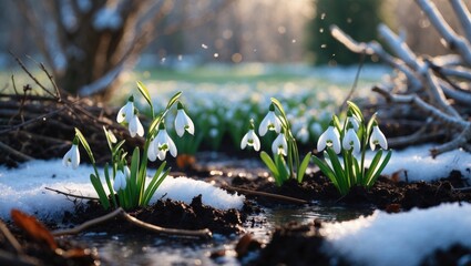 Naklejka premium Flowering snowdrops emerge from the snow. A symbol of nature awakening.