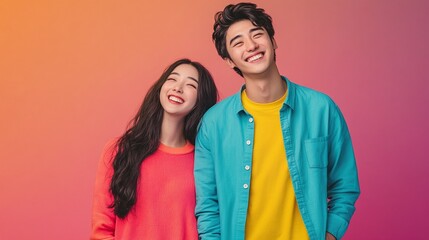 Fototapeta premium A fresh and modern AAPI Heritage Month banner with a young couple in bright colors, symbolizing joy and cultural celebration