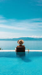 Fototapeta premium Frau mit Hut entspannt im Infinity-Pool und genießt den Ausblick