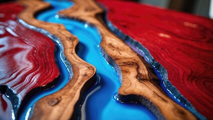 Epoxy resin stabilizing unique wood on a red backdrop, abstract art image, print design for your advertisement.