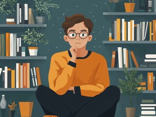 Young person in a cozy library setting surrounded by books and plants, wearing glasses and an orange sweater, looking thoughtful and engaged.