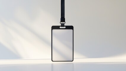 Blank badge mockup on a white background. Simple empty name tag mockup featuring a black string.