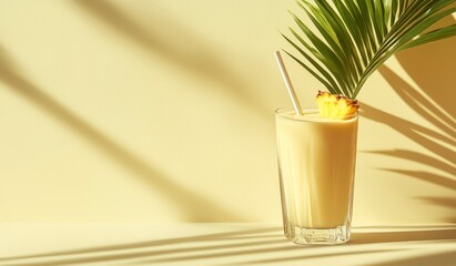 Refreshing Pineapple Smoothie with Palm Leaf and Straw on Yellow Background