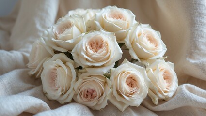 Obraz premium Floral backdrop featuring cream roses on sackcloth