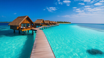 Luxuri&ouml;se Wasserbungalows stehen auf stilvollem Holsteg im klaren Meer

