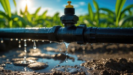 Close-up perspective of a water droplet forming on a defective connector, this image showcases water leakage in an agricultural environment, emphasizing the importance of proper maintenance for irr...