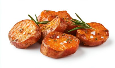 A serving of roasted sweet potatoes seasoned with rosemary and a hint of sea salt. Isolated on White Background