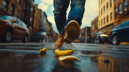Person slipping on banana peel in city street  
