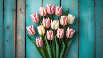 Frame of tulips on a rustic wood background. Flowers of spring. Card for greetings. View from above.