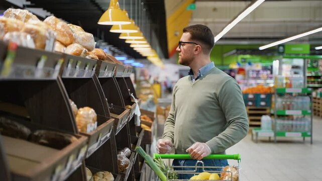 Man choosing fresh bread in supermarket bakery section