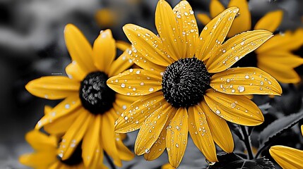 Desaturated field with only golden sunflowers in color symbolizing positivity and warmth