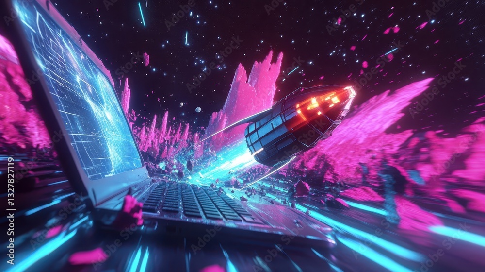 Poster a spaceship travels through a digital space emanating from the computer