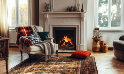 Fototapeta premium Living room interior with cushions and plaid on bench against fireplace and ornamental armchair in house on sunny day