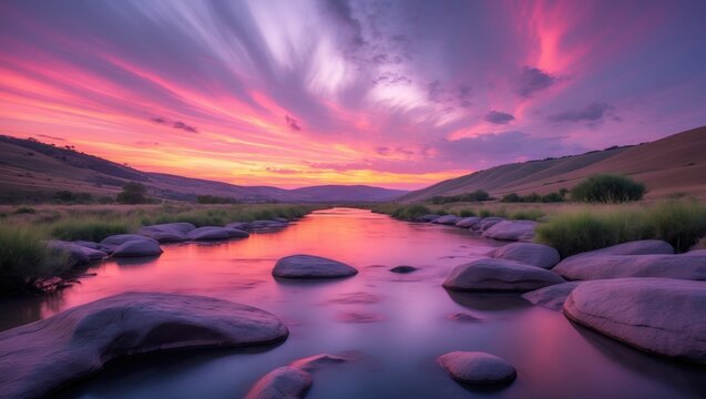 Panorama of a Fiery Sunset Over River Hill Country