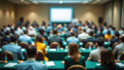 Fototapeta premium Blurred individuals attending a business seminar in the background.